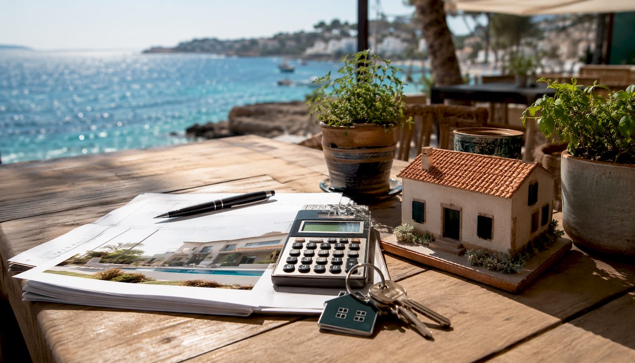 Property documents and villa model on balcony table