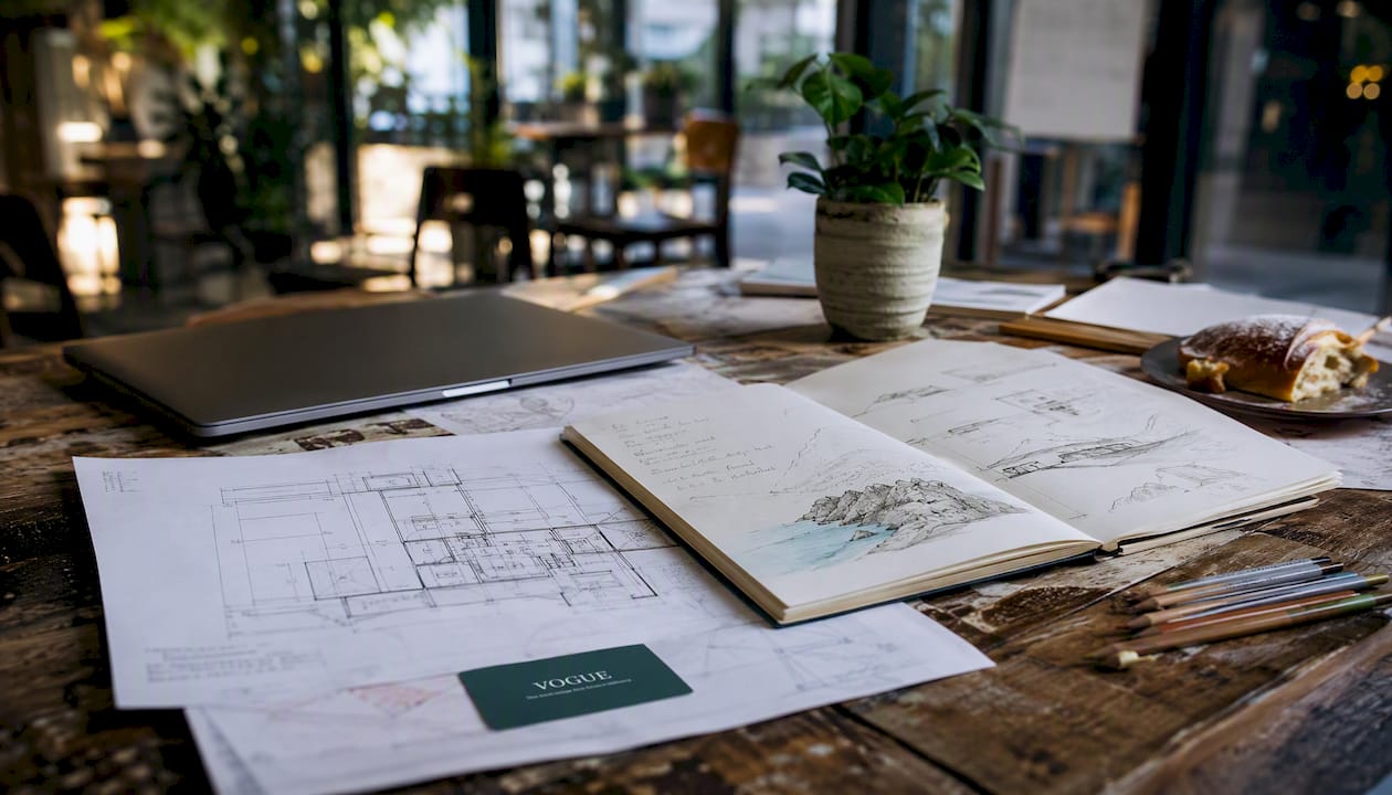 Property documents and plans on desk in office