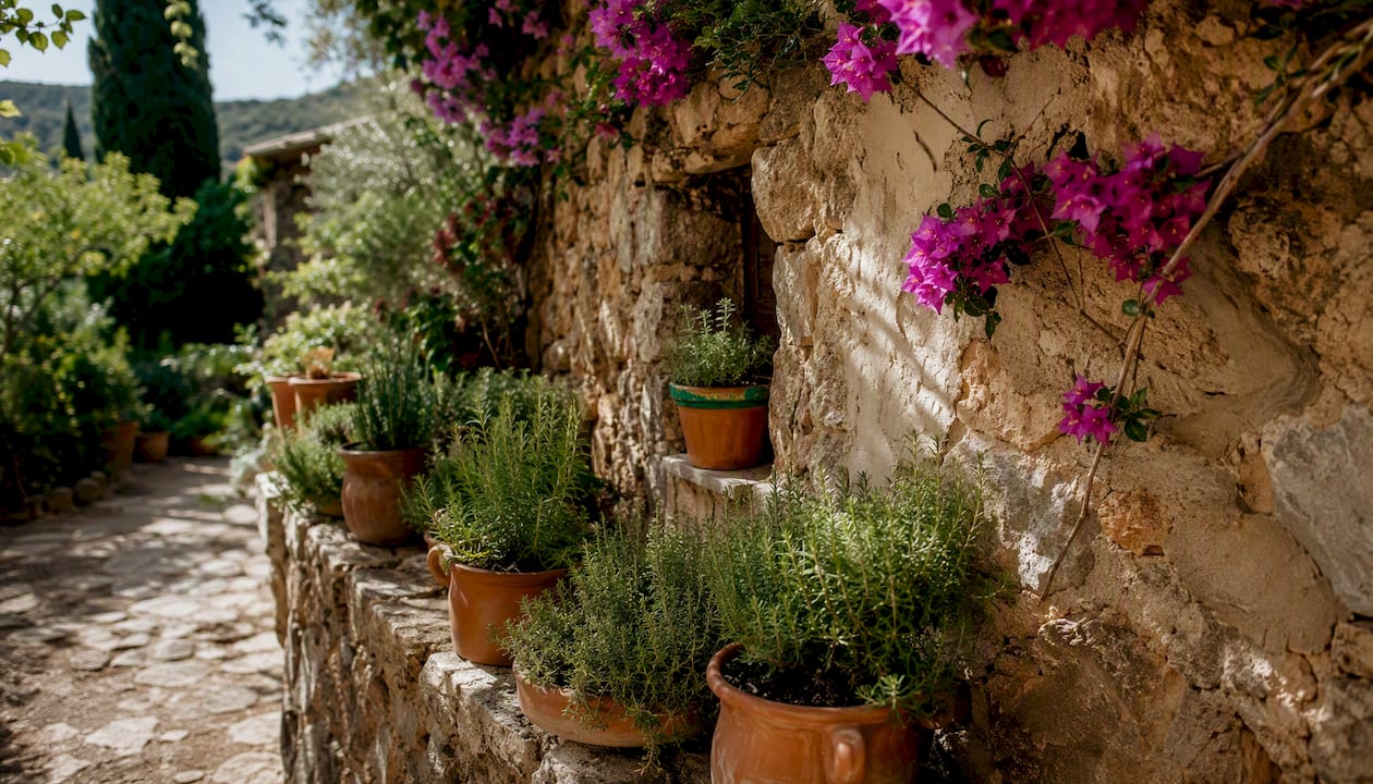 Stone wall and Mediterranean garden in Deià