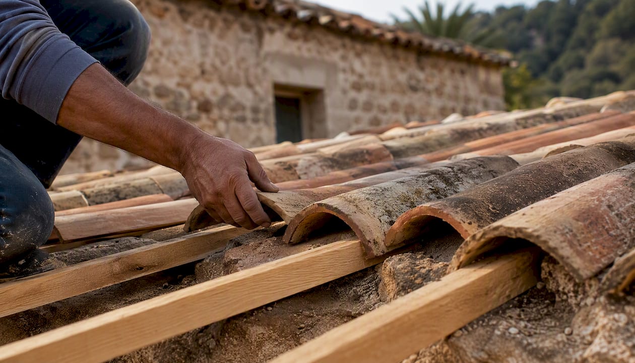 Hand placing terracotta roof tile on finca roof