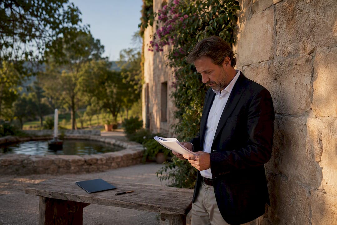 Lawyer examining property checklist on Mallorca finca table