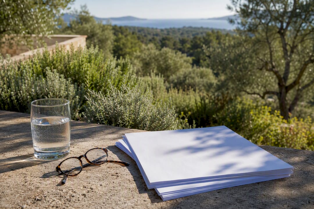 Blank documents and calculator on garden terrace