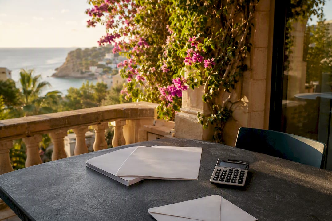 Calculator and documents on Mallorca villa terrace