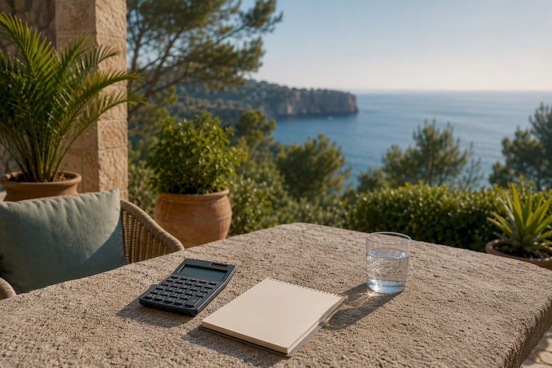Calculator and Mediterranean terrace scene