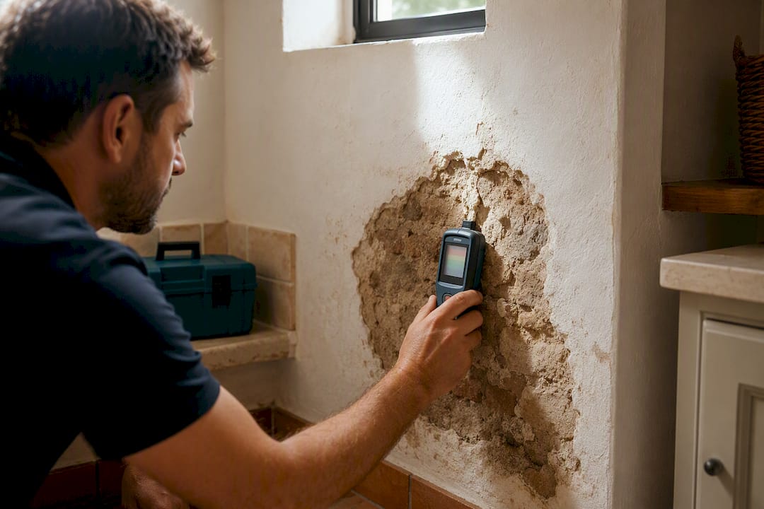 Expert inspecting damp masonry before repair