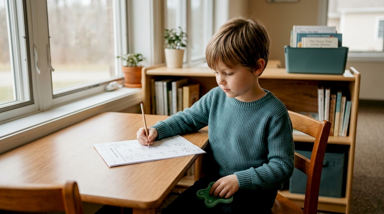 Student uses fidget for sensory regulation at desk