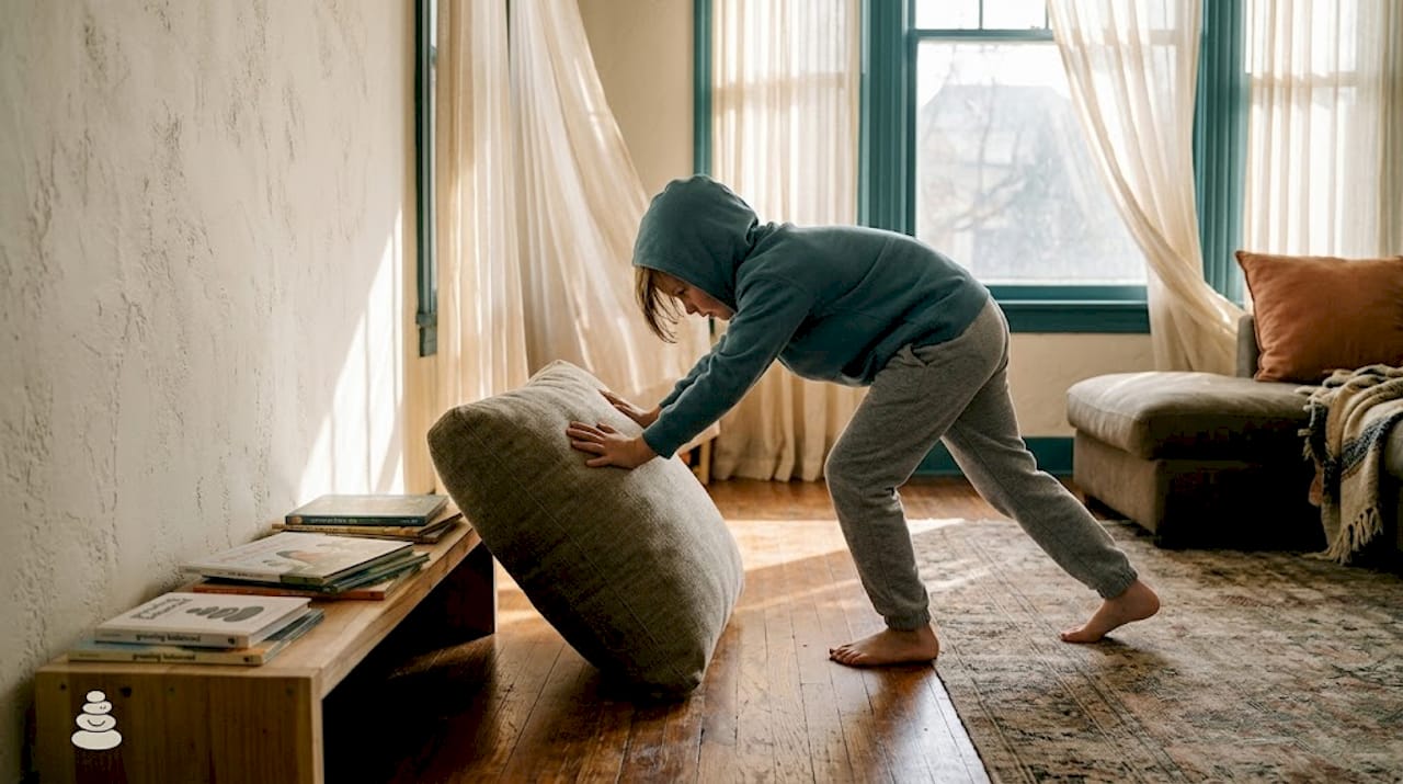 Child doing sensory heavy work in living room