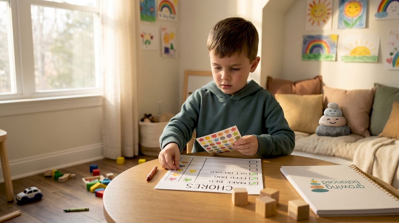 Child adding sticker to kitchen chore chart