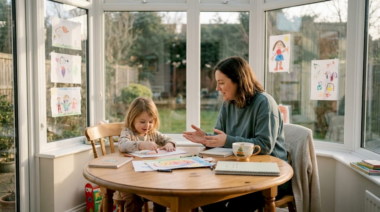 Caregiver and child having calm reflection at kitchen table