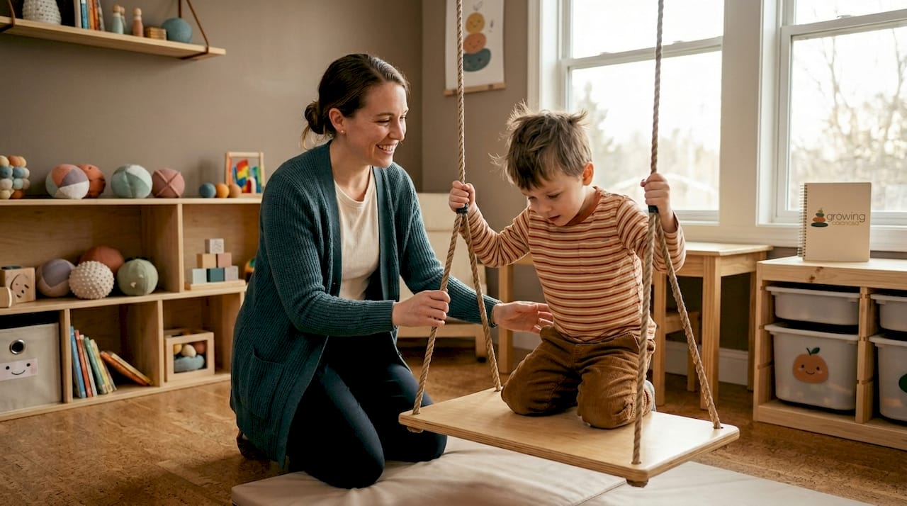 Therapist assists child on sensory swing in therapy room