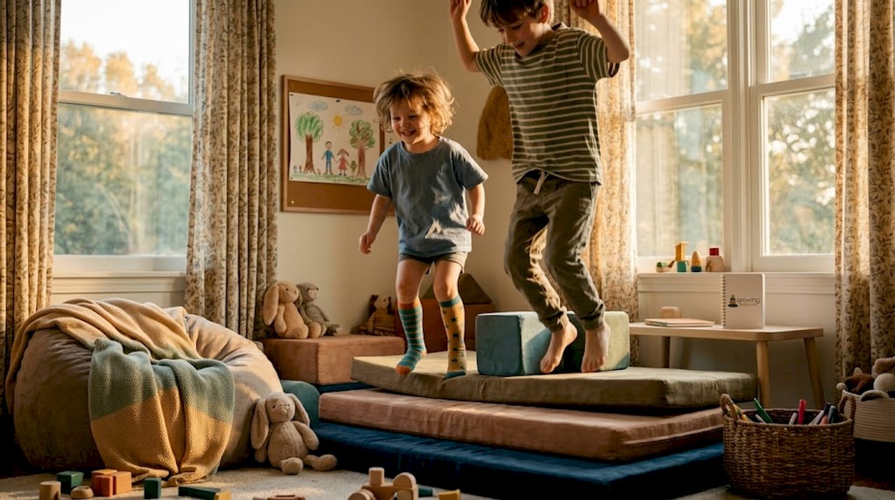 Kids jumping onto crash pads in living room