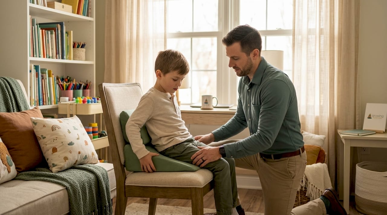 Therapist adjusting seating wedge for student