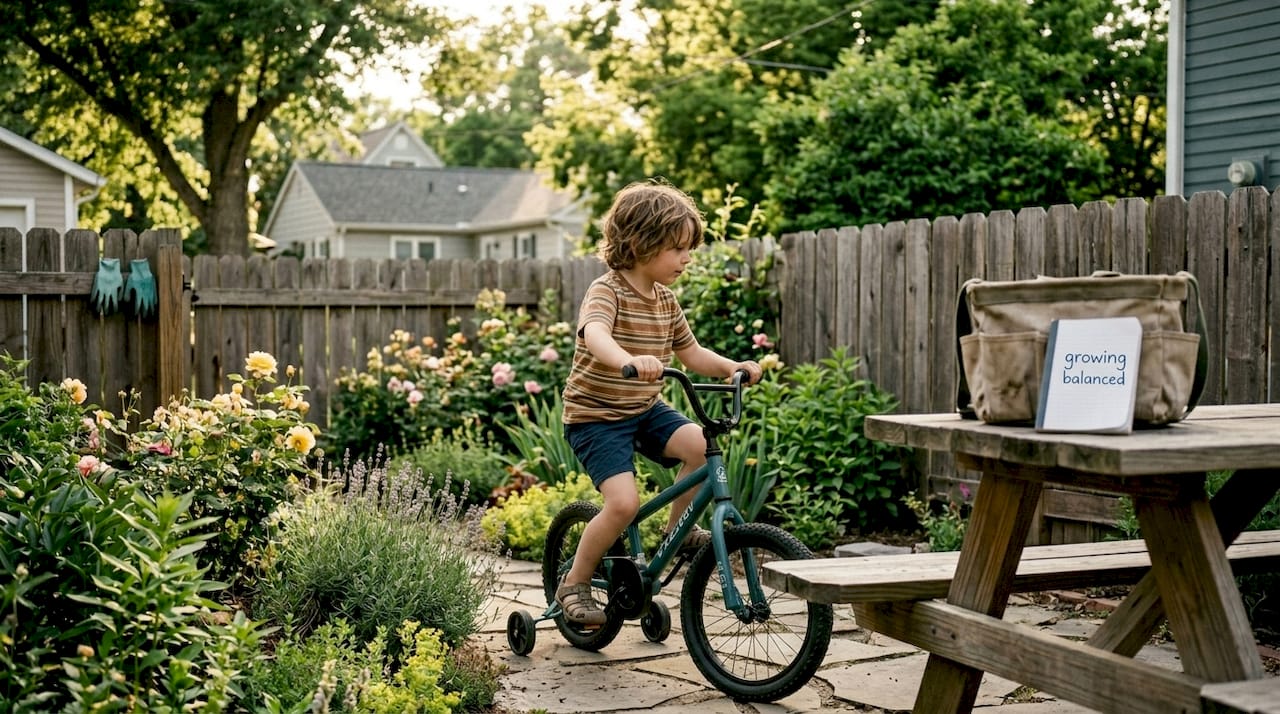 Child rides bike with training wheels