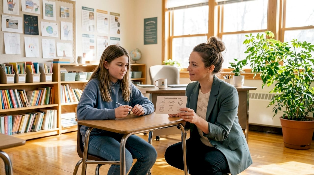 Teacher calmly supports student with visual card