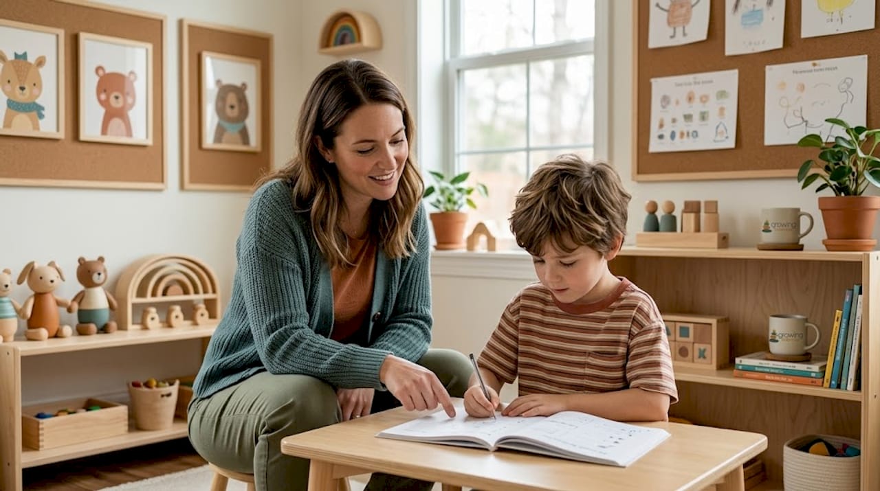 Teacher uses visual schedule with focused student