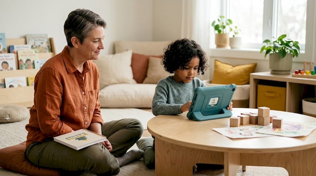 Child and caregiver using tablet at kitchen table