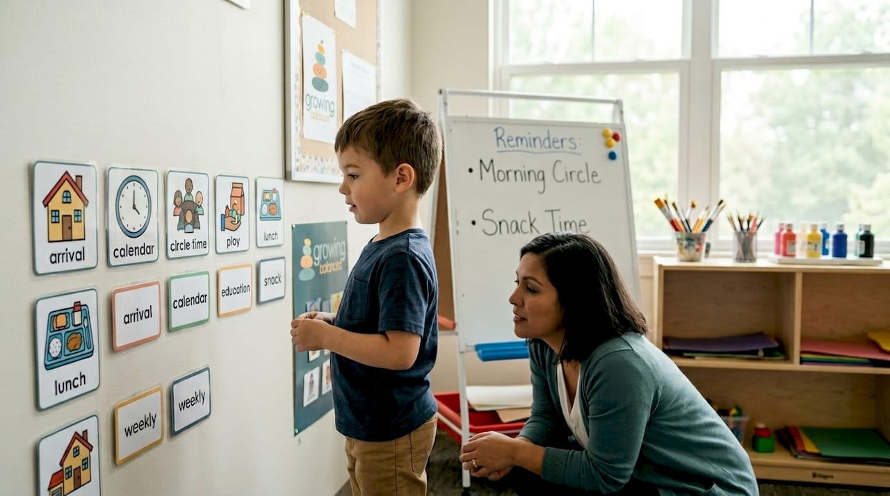 Student interacting with visual schedule in classroom