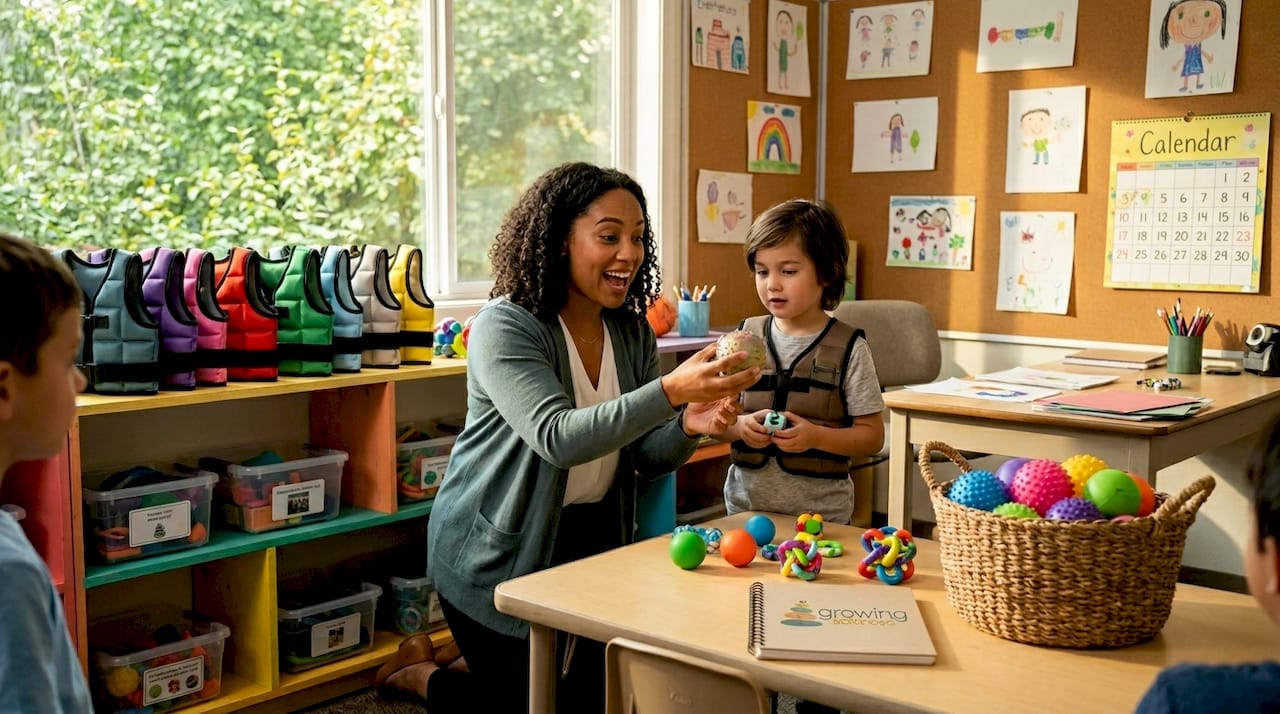 Teacher showing sensory tools in classroom corner