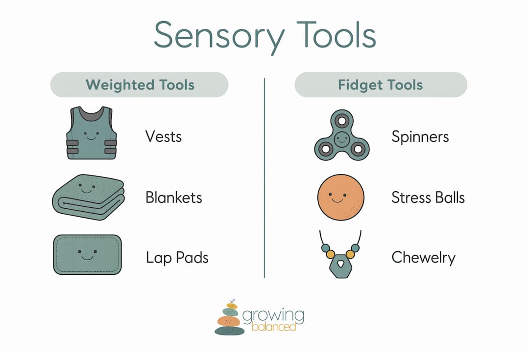 Infographic comparing weighted and fidget sensory tools