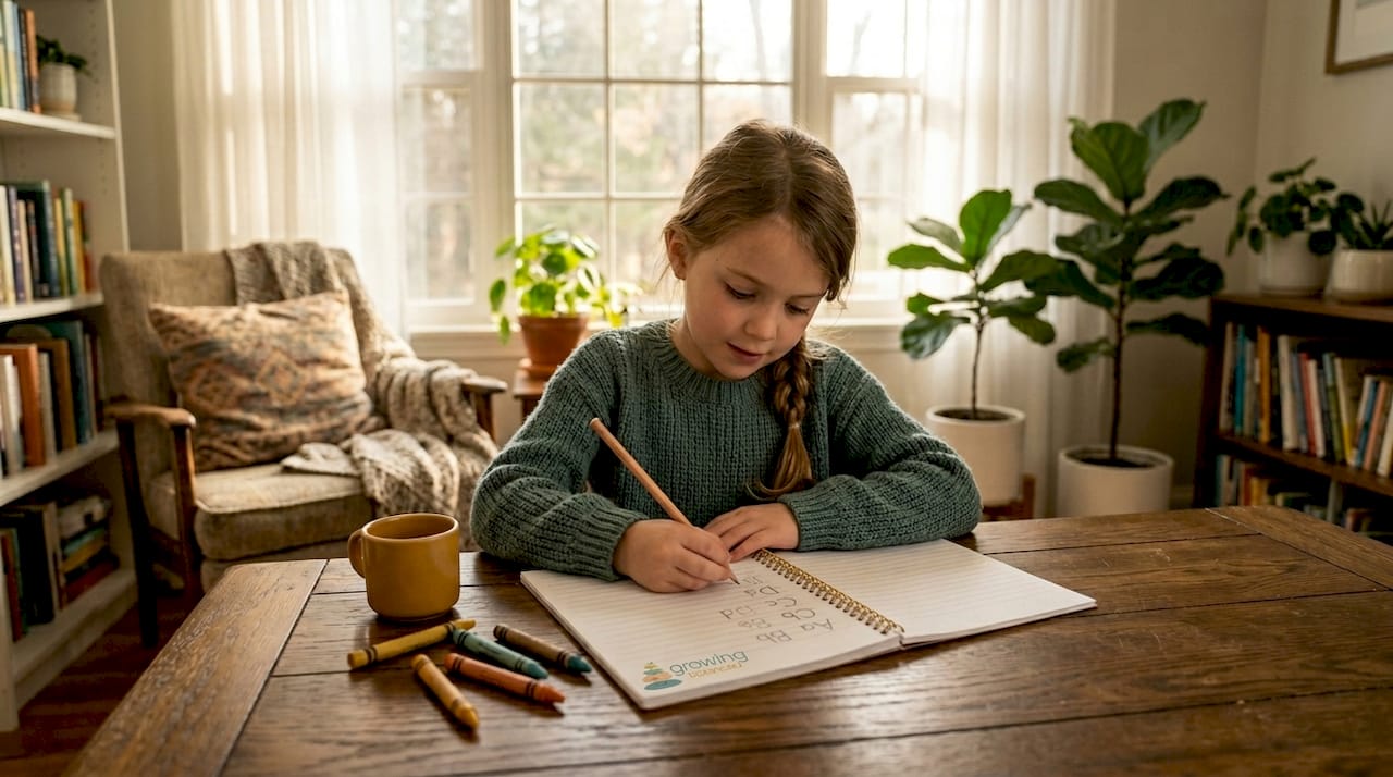 Child writing with pencil at table
