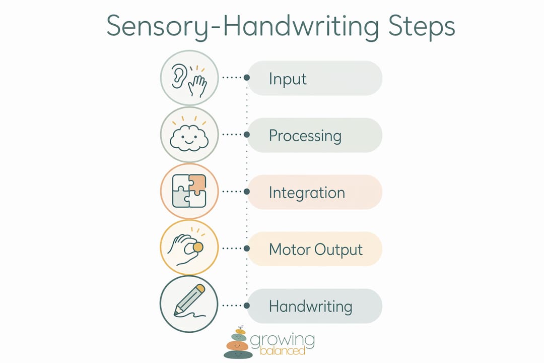 Infographic showing stages of sensory processing and handwriting