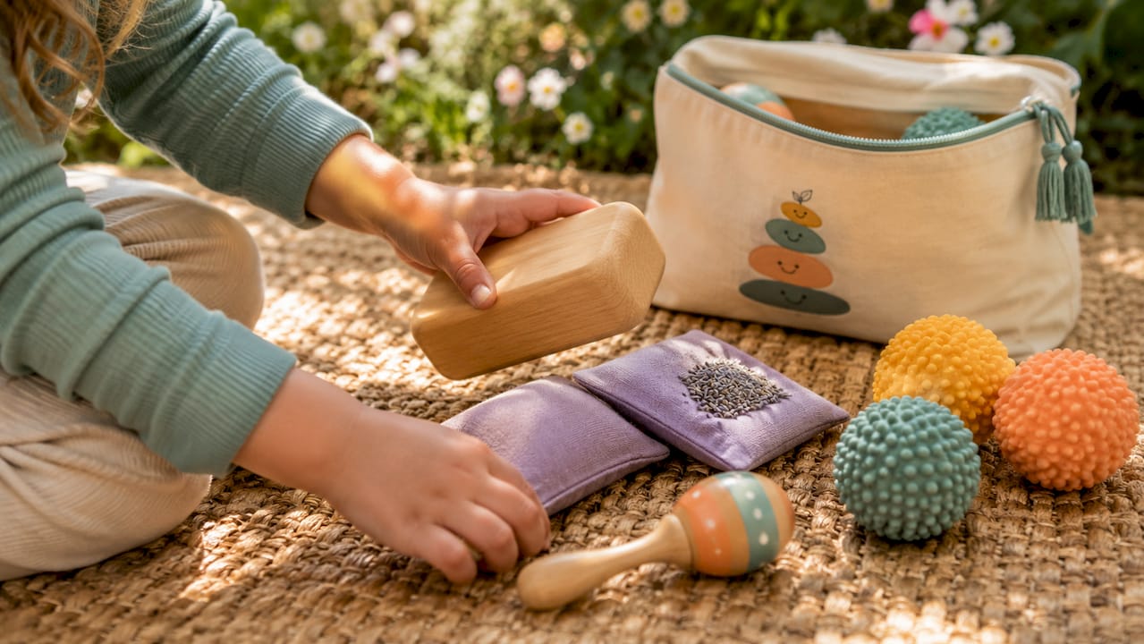 Child hands exploring sensory grounding items on table