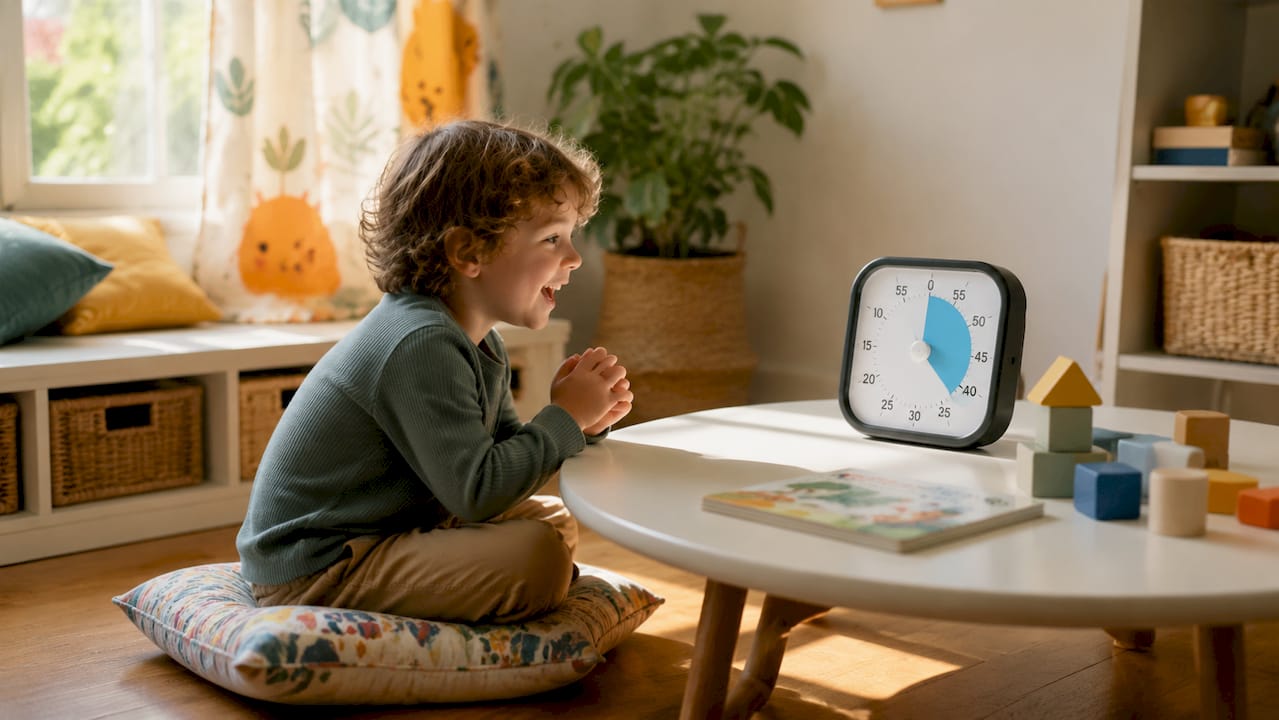 Child watching colorful visual timer in playroom