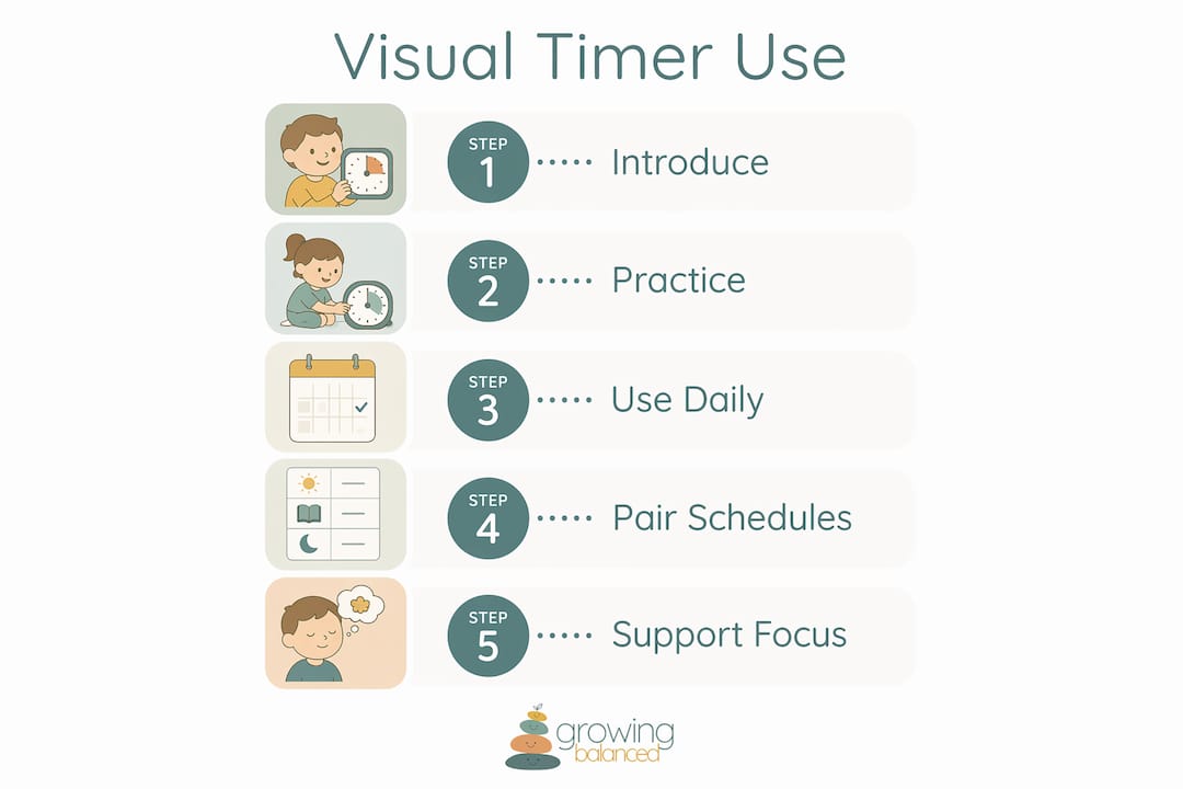 Infographic showing steps for using visual timers effectively