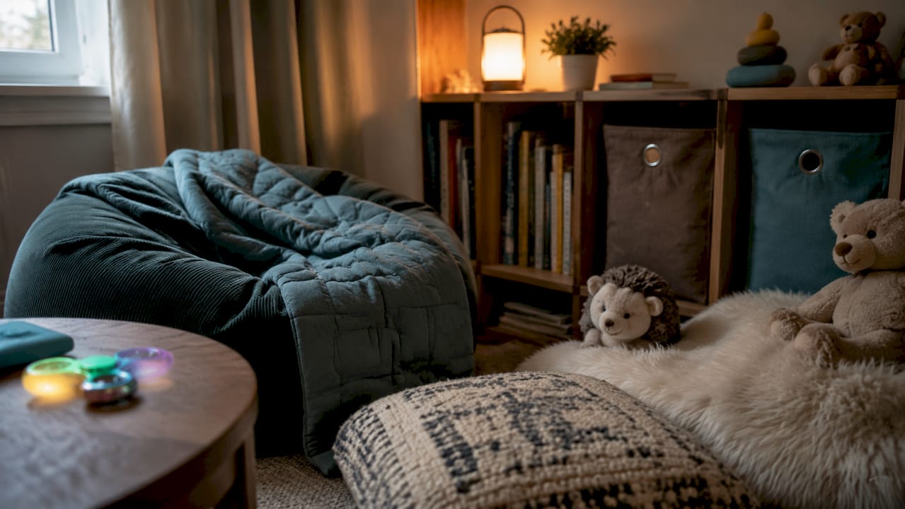 Home sensory corner with weighted blanket and cushions