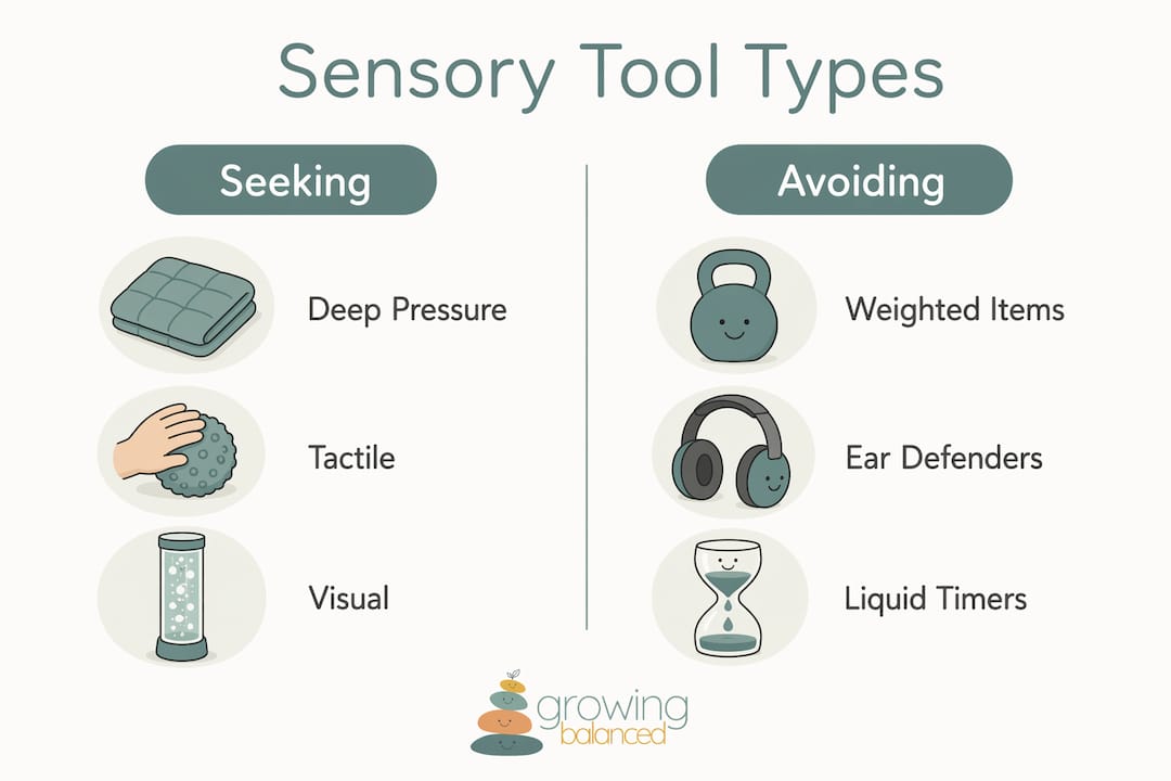Infographic comparing sensory seeking and avoiding tools
