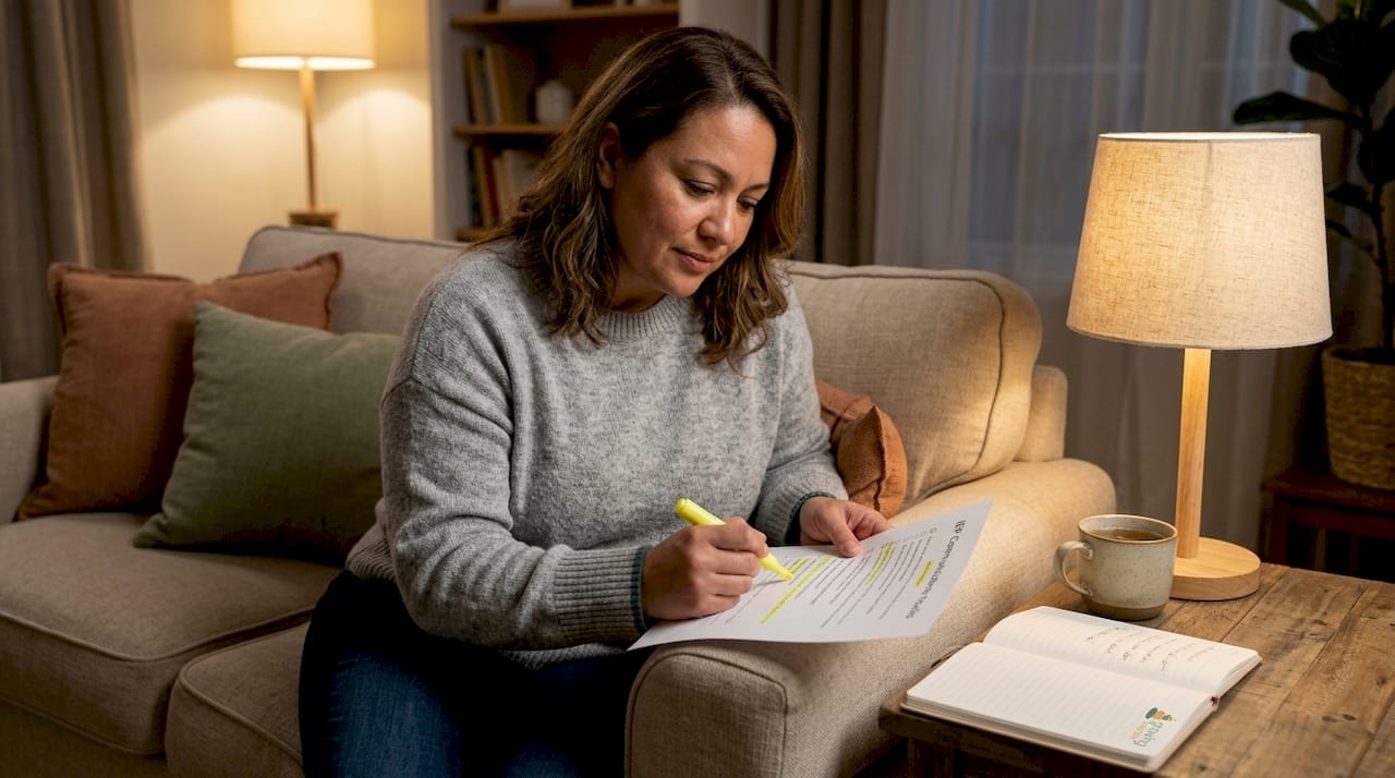 Parent reviewing checklist at kitchen table