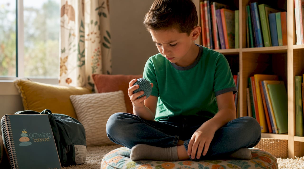 Young boy focused using stress ball fidget tool