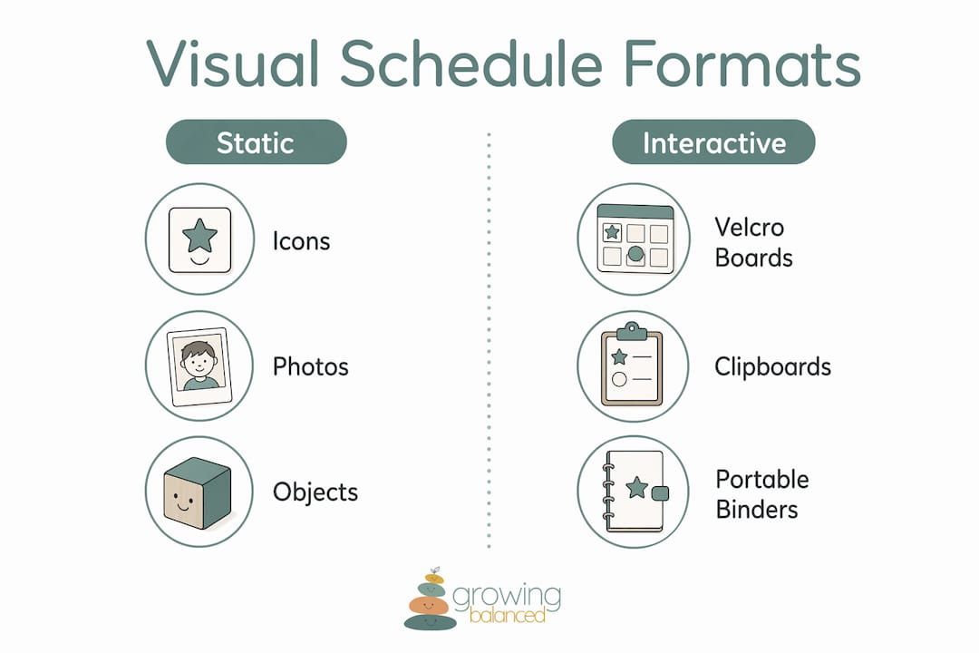 Infographic comparing static and interactive visual schedule formats