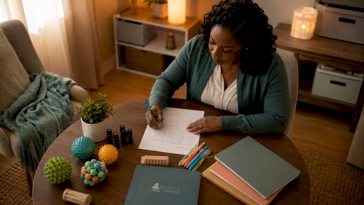 Therapist writing an IEP sensory goal at desk
