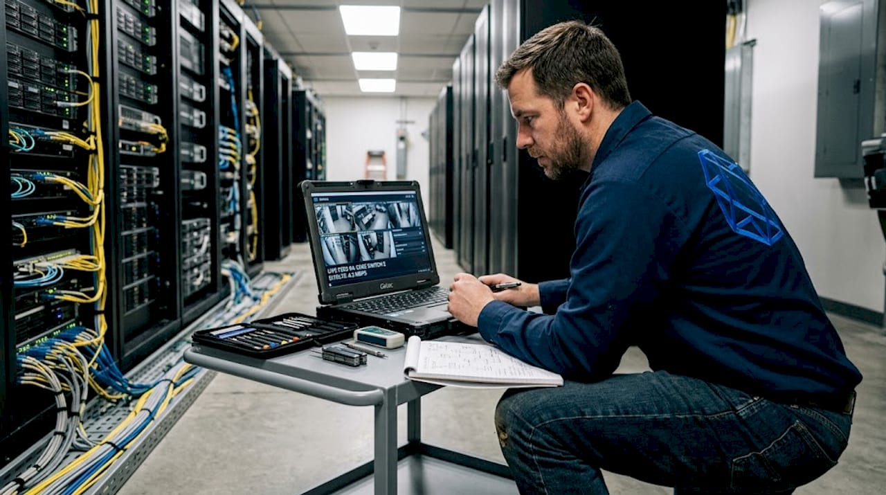 Technician managing video processing in server room