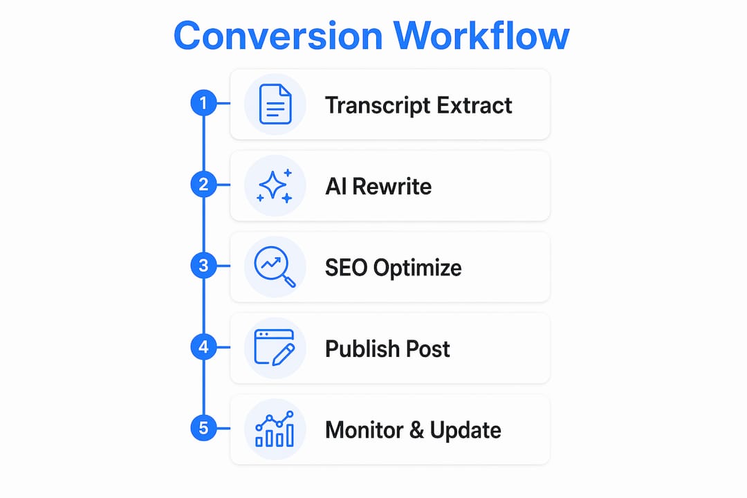 Infographic illustrating video to blog post conversion workflow