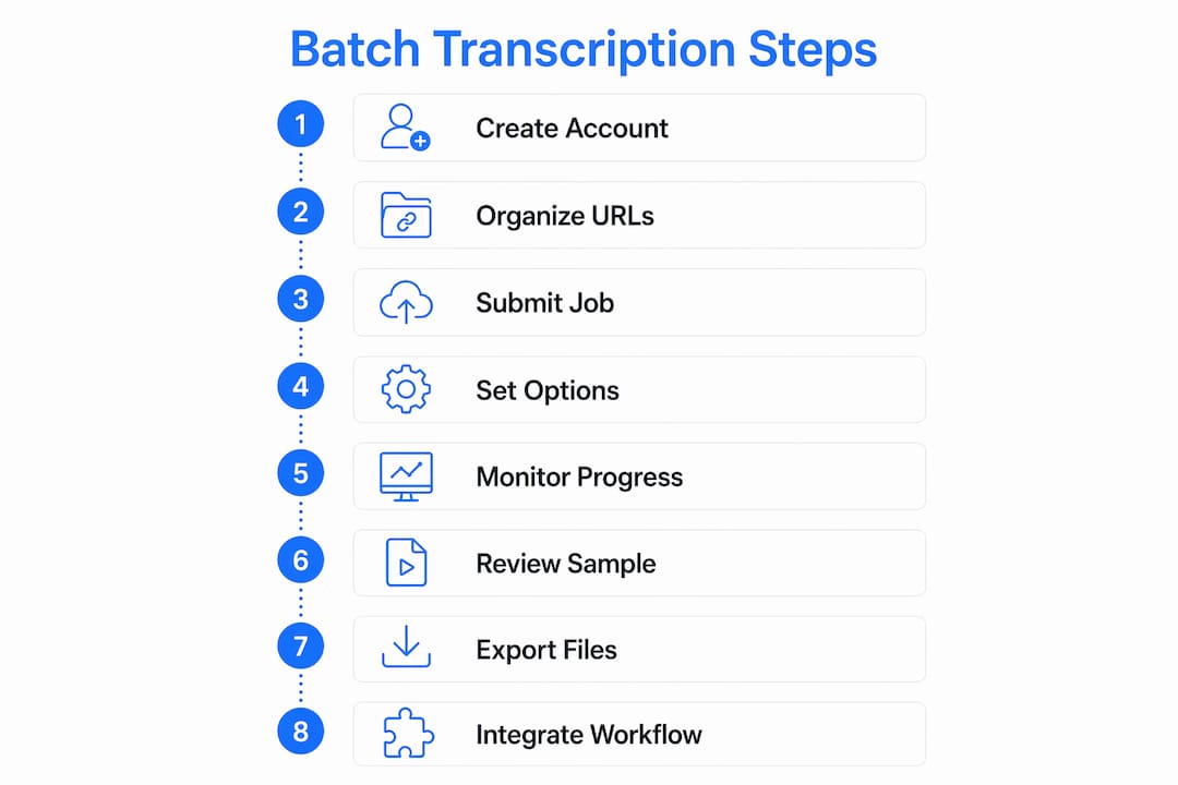 Infographic showing step-by-step batch transcription process