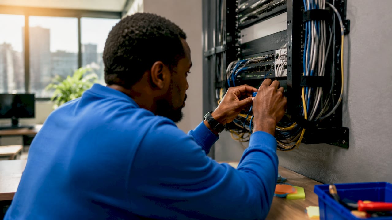 Hands connecting cables on video ingestion server