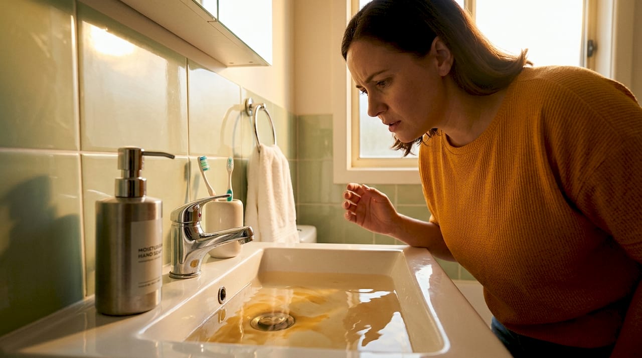 Homeowner inspecting slow draining bathroom sink