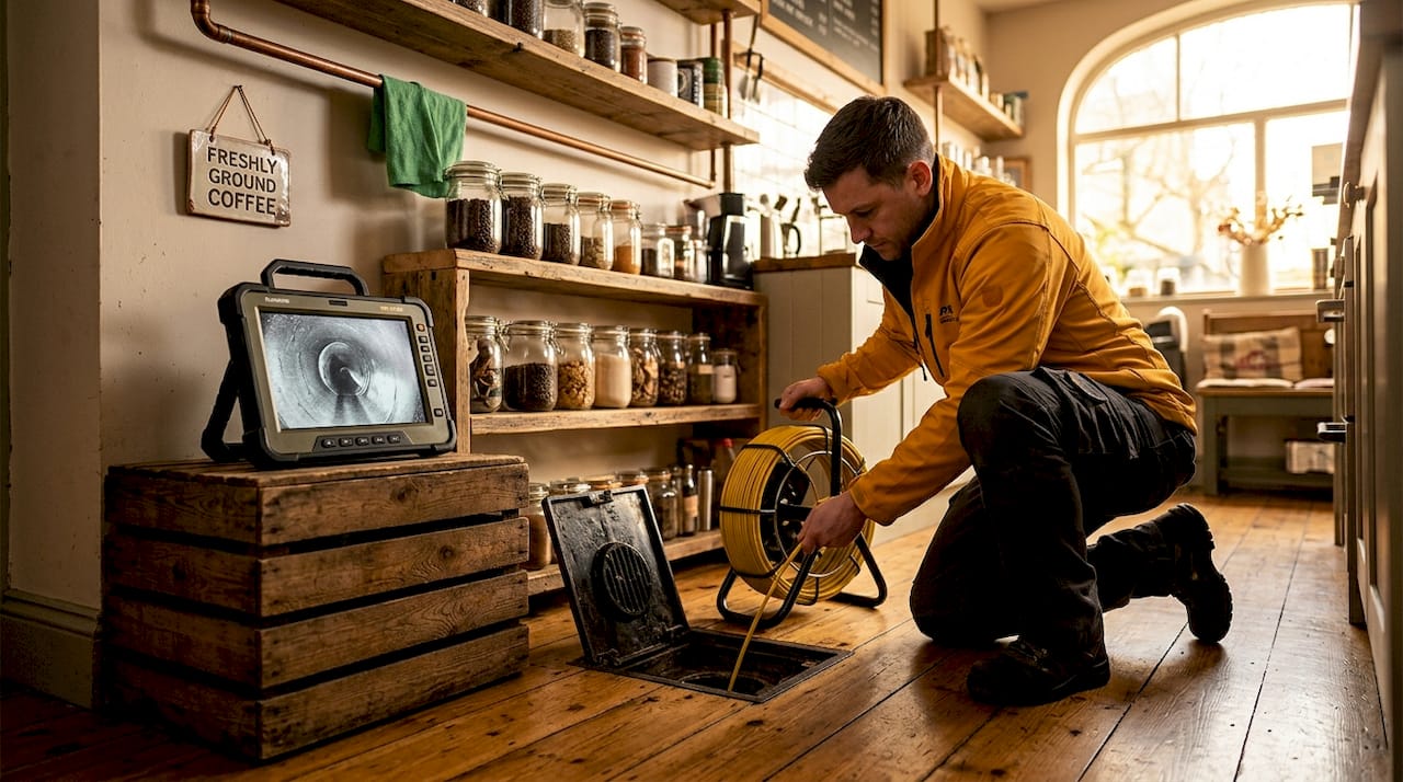 Technician performing CCTV drain inspection in kitchen