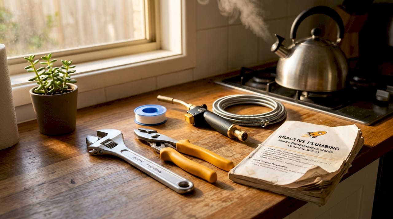 Plumbing tools kit on kitchen table