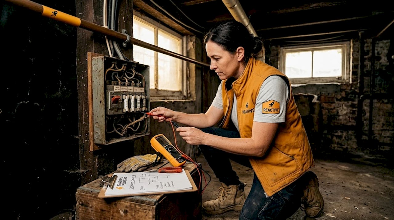 Electrician assessing fuse box for safety