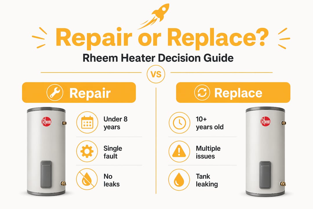 Infographic comparing repair versus replacement for Rheem heaters