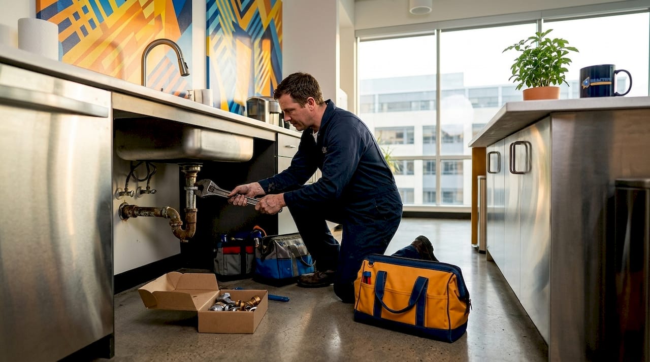 Plumber repairing leak in office bathroom