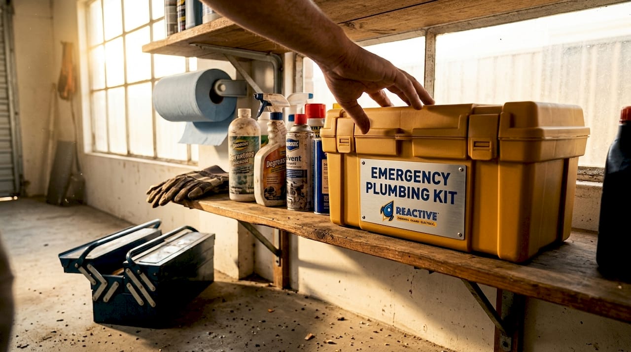 Hand retrieving plumbing emergency kit on shelf
