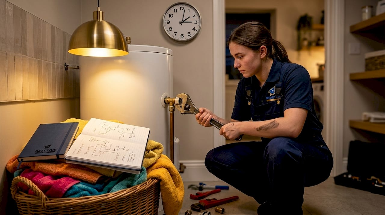 Plumber repairing water heater at night