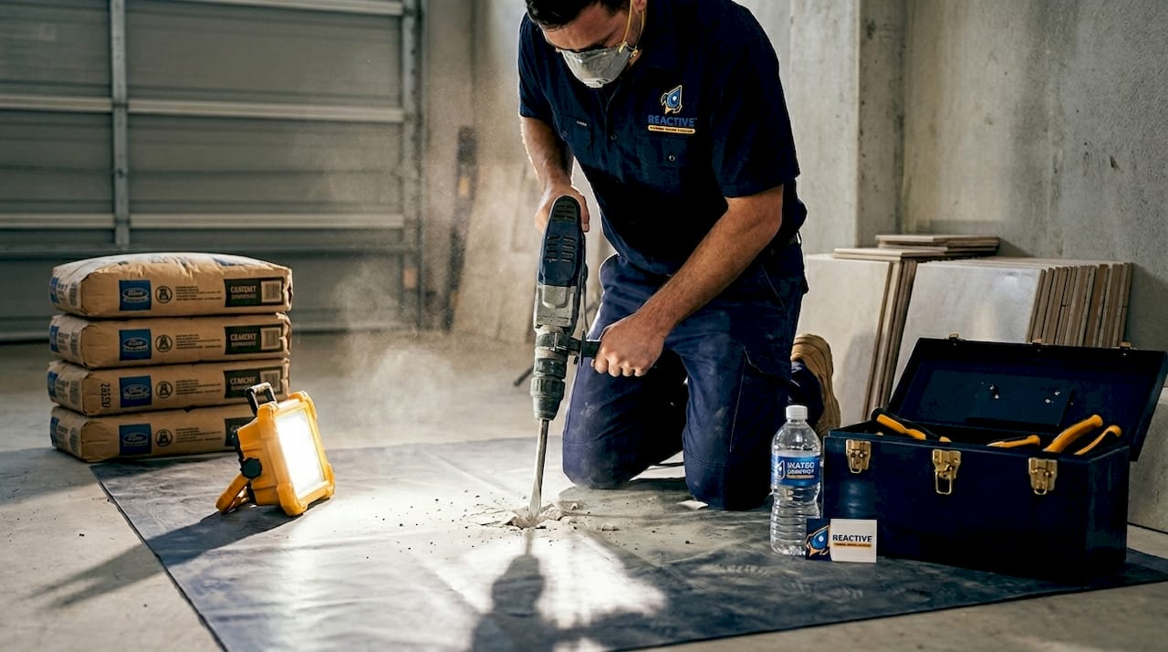 Plumber breaking concrete floor for pipe access