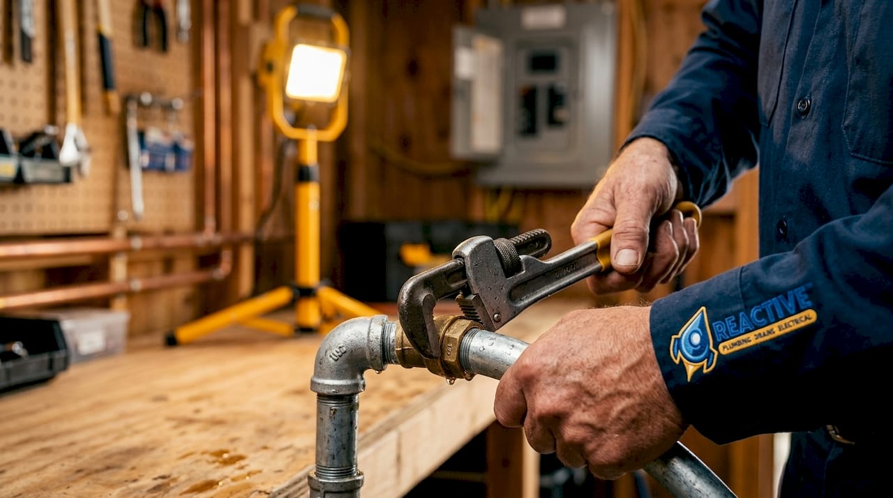 Technician tightening pipe joint with wrench