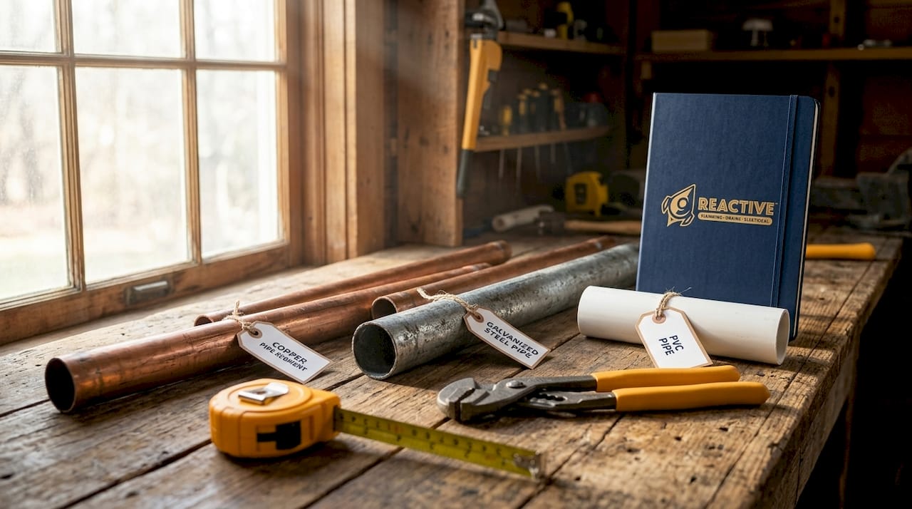 Various residential plumbing pipe materials on bench