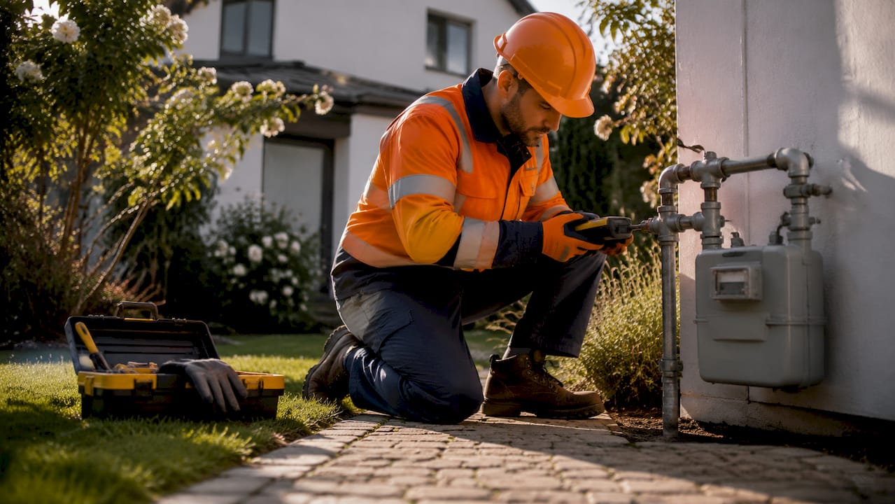Gas fitter inspecting residential gas meter outdoors
